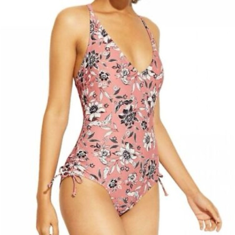 NWT Kona Sol Pink Floral One-Piece Side Tie Swimsuit S